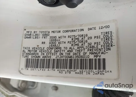 2001 Lexus Lx 470 из США, поврежденный, VIN JTJHT00W613506010